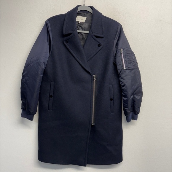 Sandro Gilmour Shell Paneled Wool Blend Coat Asymmetrical Zip Navy Blue 40 - Picture 2 of 9